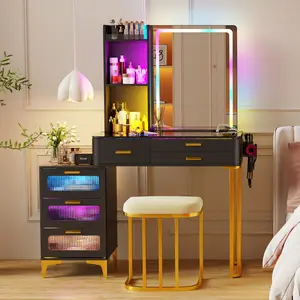 MiuVanity Set with 24-Color RGB Lights Wireless Charging HD Mirror 6-Drawer Chest & Big Storage Furniture Organizing Modern Glass Desktop Divided Drawer 3 LED Lighting Makeup Mirror Smart Human Sensor Button