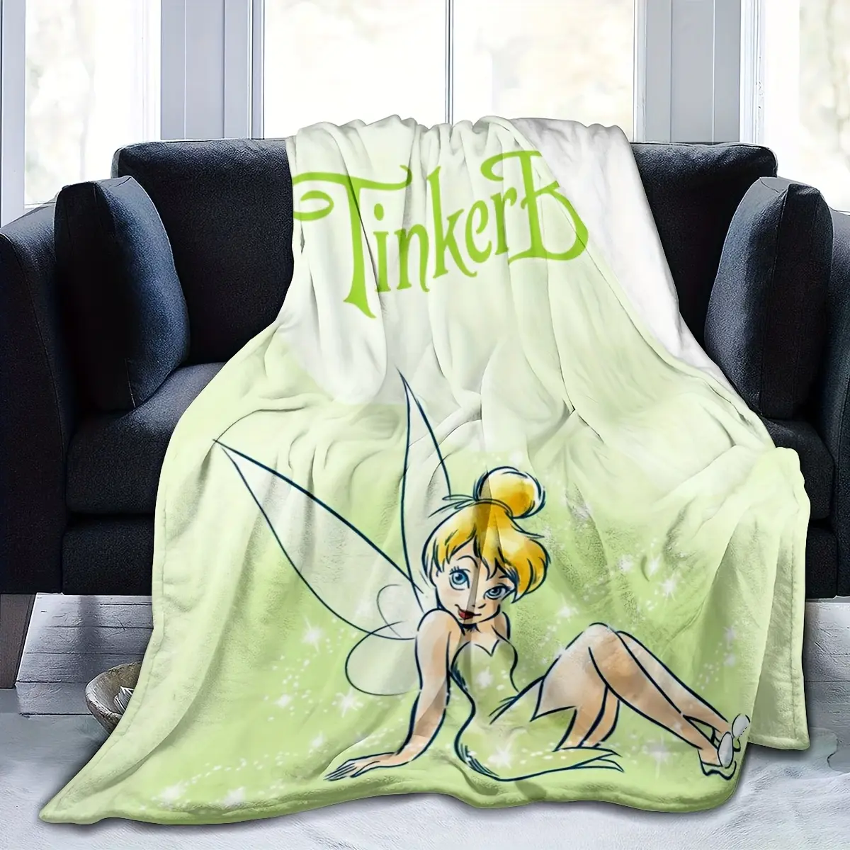 Tinker Bell Cartoon Pattern Soft Flannel Blanket - Wrinkle Resistant, Breathable, Durable, All-Season, General Use for Adults, Ideal for Bedrooms & Travel, Ideal Gift