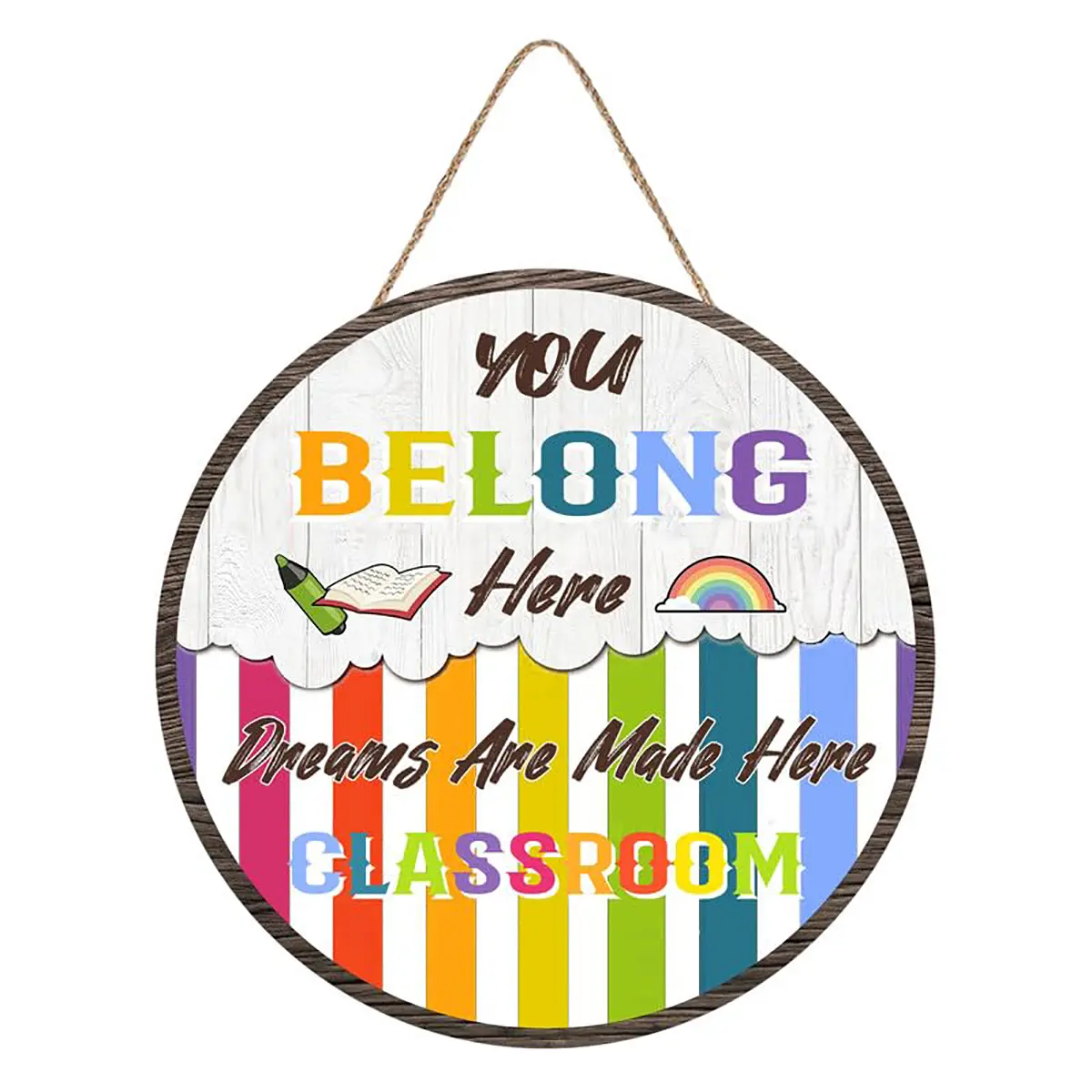 You Belong Here Classroom Sign Wooden Hanging Plaque Wall Hanger for Kids Nursery Boys Girls Room Funny Wooden Sign Welcome Sign Classroom Door Hanger 12 x 12 Inch
