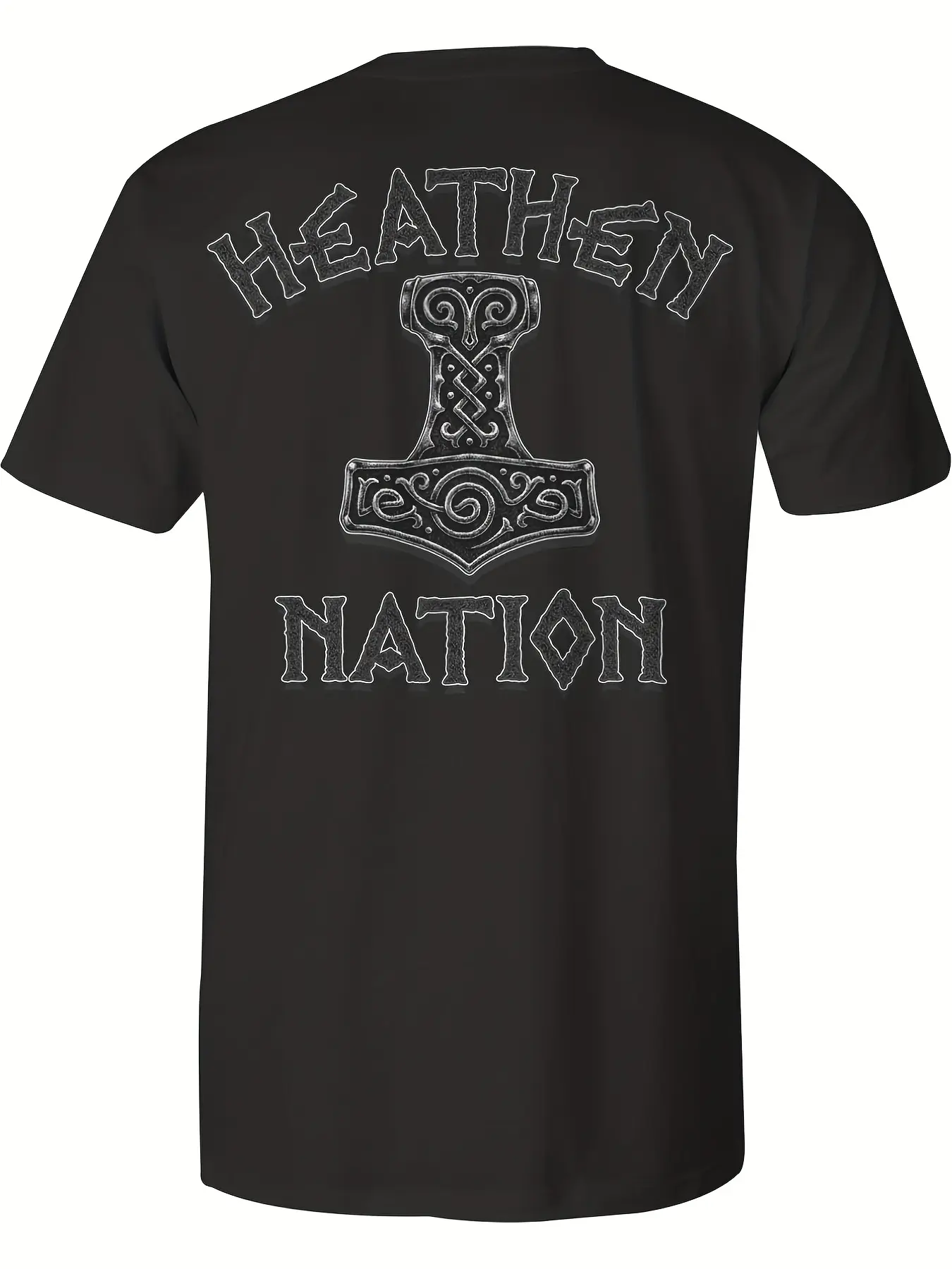 Men's Norse Mythology Mjolnir Hammer Graphic T-Shirt - HEATHEN NATION Viking Design, Comfort Fit Short Sleeve Round Neck Casual Tee for Men, All-Season Wear, Sizes S-3XL (Black) - Vik, Comfortable Fit, PLUS SIZE