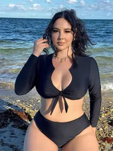 Plus Size Navy Blue Two-Piece Swimsuit with V Neck & Long Sleeves for Summer Beach Vacation