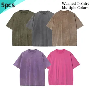 5Pcs Unisex Cotton T-Shirts Oversized Half Short Sleeves Casual Loose Solid Streetwear Top,Soft Retro Street T-Shirts,Loose Fit Acid Washed Matching Crew Neck