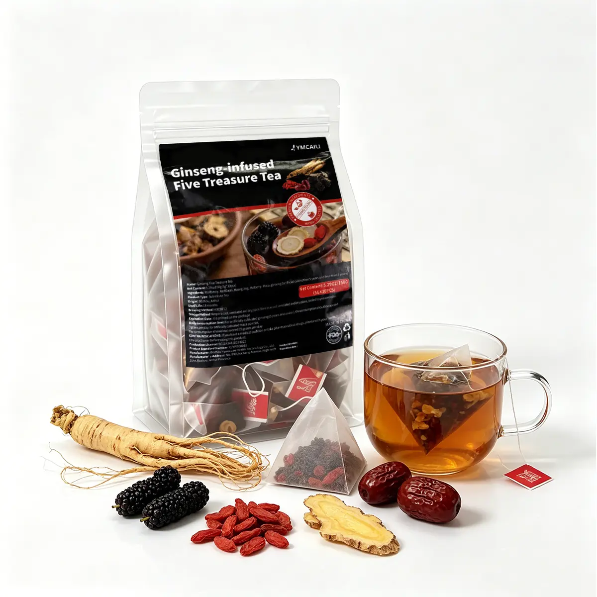 Ginseng 5 Treasure Herbal Tea Bags - Kidney Cleanse & Detox Formula with Mulberry, Traditional Chinese Tea for Men & Women, 30 Bags/1 Pack
