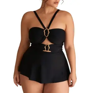 Plus Size Black Skirted One-Piece Swimsuit with Gold Buckle Cutout, Cross Straps Tummy Control Slimming Bathing Suit for Women Beach Vacation