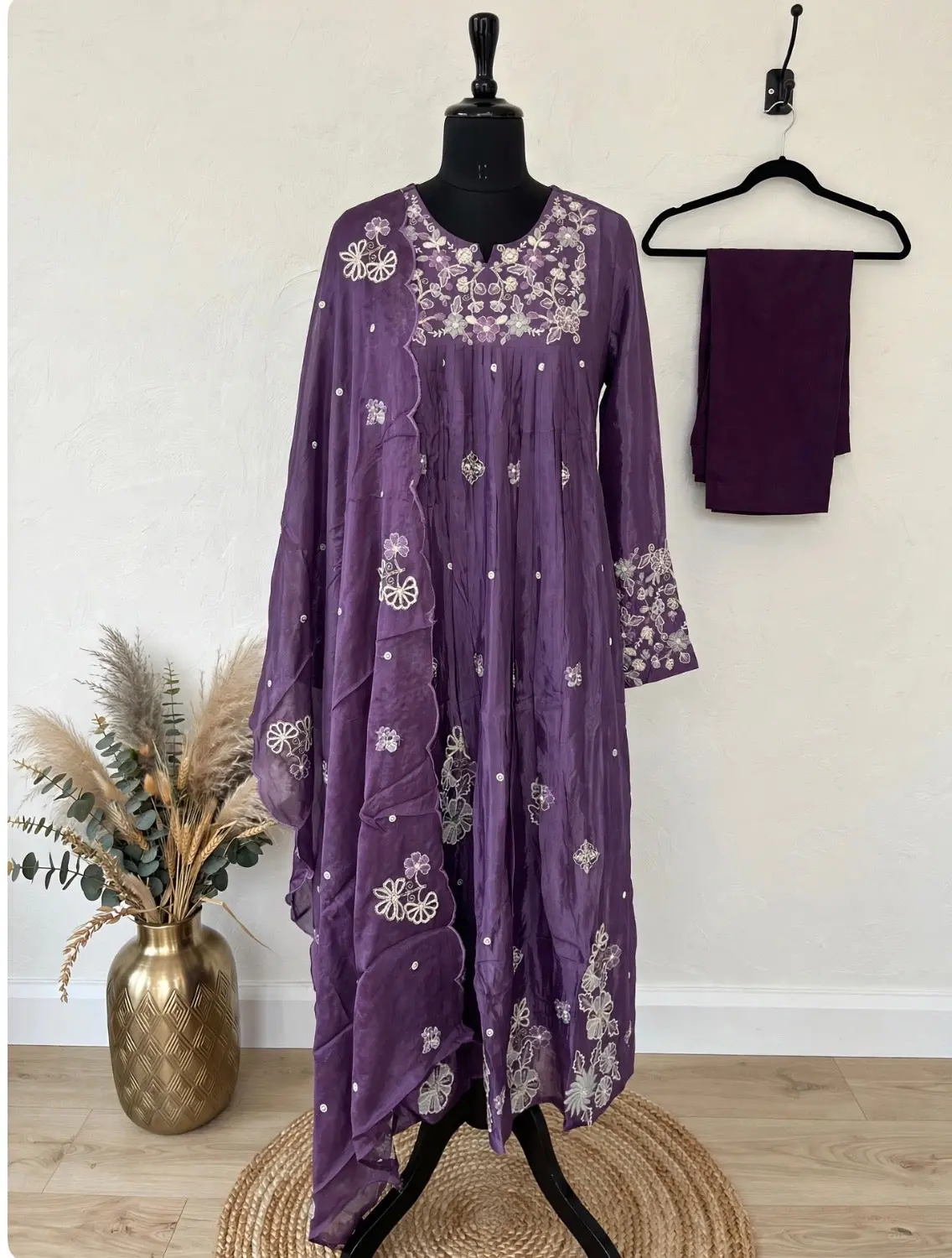 Purple Chinon Embroidered Anarkali Set