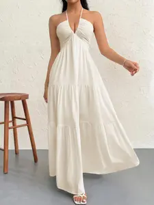 Women's Beach Vacation Date V-Neck Bow Backless Sleeveless Chic Sexy Tiered Dress, Casual Wear, Long Loose-Fitting Solid Color, Perfect for Summer