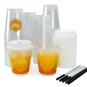 100 Sets of 12oz 330ml Clear Disposable Plastic  cups with Lids & Straws for Hot Cold Drinks Customizable Supplies clear plastic