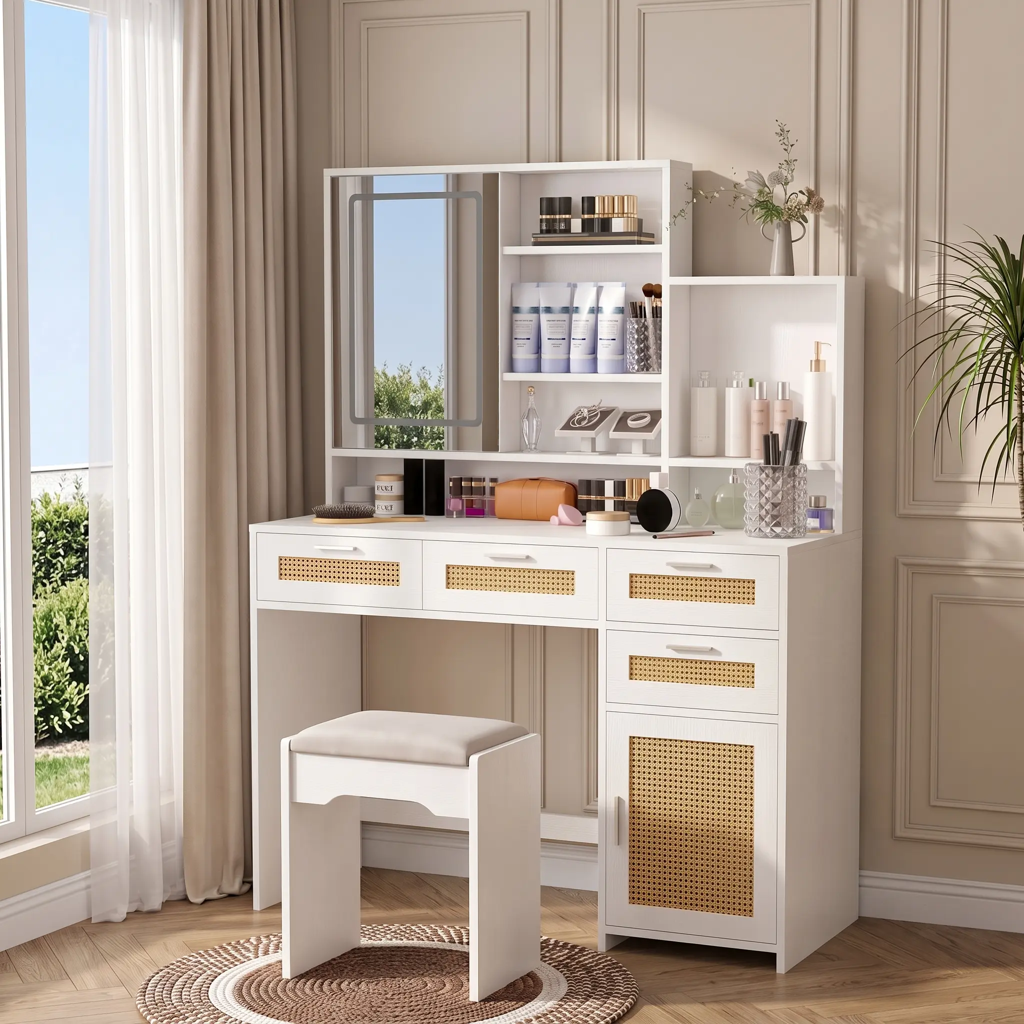 White Modern Large MDF Makeup Dressing Desk with LED Mirror, 3 Lighting Modes, Adjustable Brightness, Power Outlet, 4 Drawers, 1 Cabinet, Shelves, Storage - Indoor Bedroom Vanity Furniture Decor