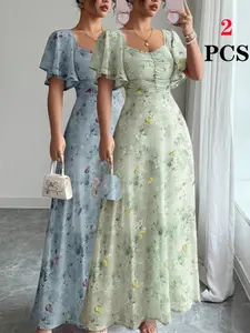 2026 Women's Sweet Ruffle Elegance Lightweight Chiffon Dress Butterfly & Floral Print Bohemian Flowy Summer Dress for Wedding Guest  Dress Women