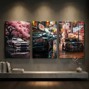 Set of Three High-Quality Canvas Prints, Framed Art, Unique Artwork, Modern Fashion Style, Car, Cherry Tree, Cyberpunk, Gift for Men, Home Decor