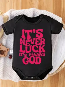 It's Never Luck It's Always God Baby Bodysuit, Retro Wavy Bubble Hot Pink Letter Print Short Sleeve 100% Cotton Newborn Infant Romper Onesie