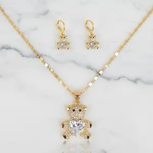 18K Gold-Filled Teddy Bear Heart Pendant Necklace and  Earrings Set