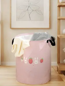 Durable Laundry Basket with Handle, Rabbit Strawberry Print Design, Foldable Large Capacity Storage Bin for Clothes & Toys