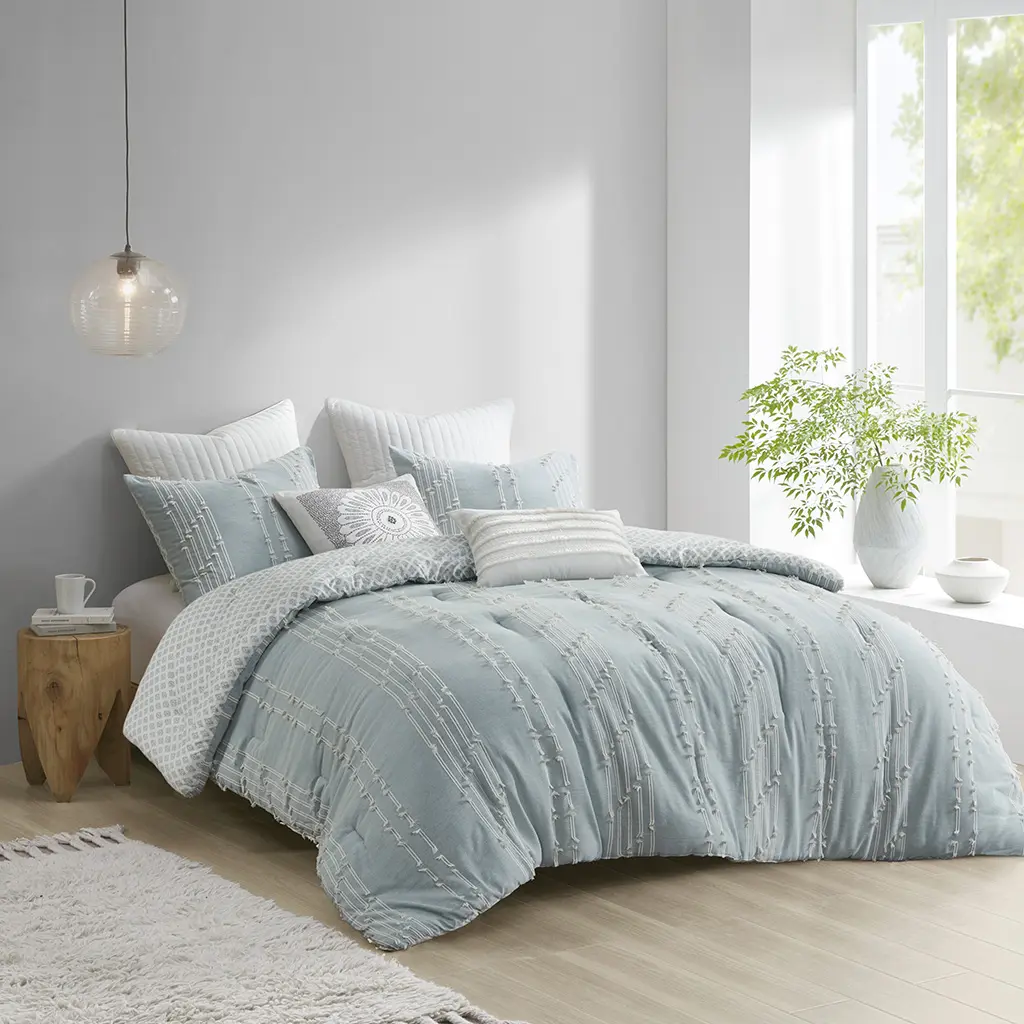 3-Piece Cotton Jacquard Comforter Set - Global Design Bedding, Ivory Diamond Print & Striped Bedding Set, Ivory Diamond Print Bedding
