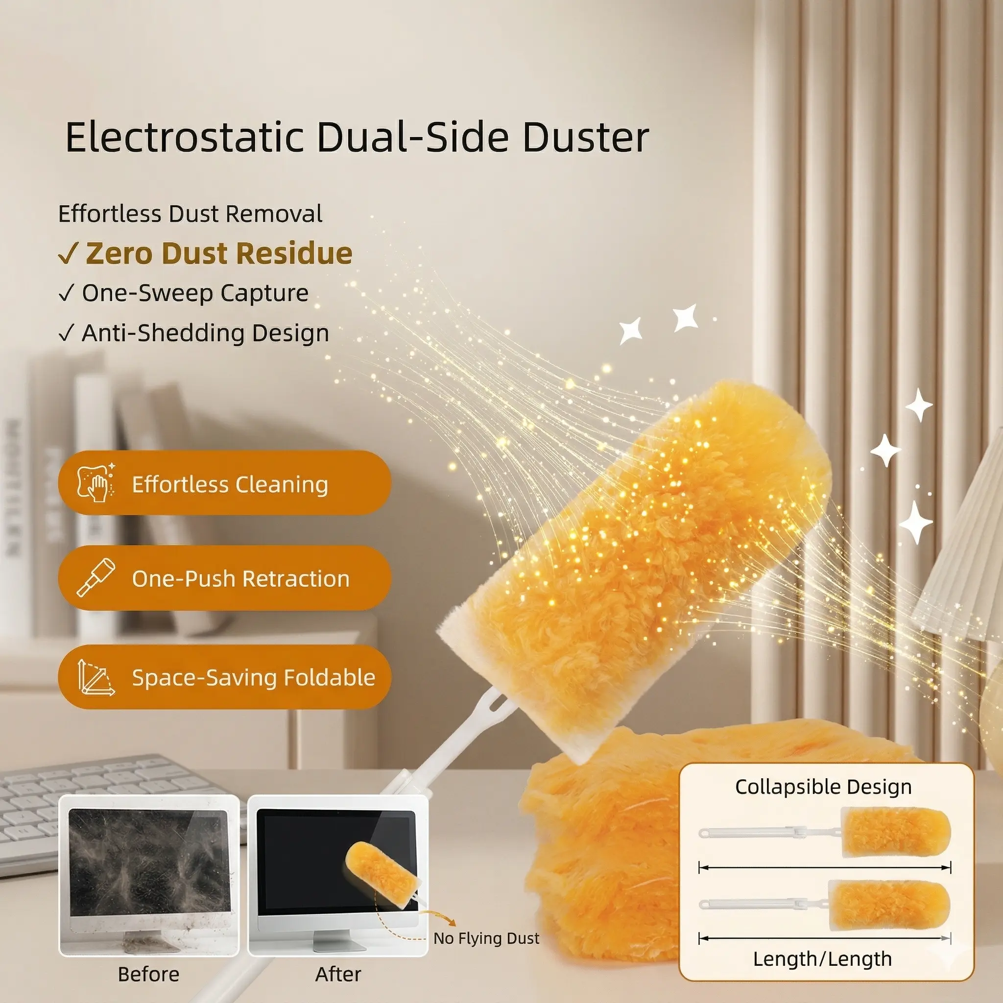Adjustable Foldable Microfibre Precision Duster Set - Lightweight Fixed Handle Cleaner with Advanced Electrostatic Adsorption, Durable 10 Refills, 6.3 in for Car/Home/Office Use (1 Handle + 10 Duster Heads)