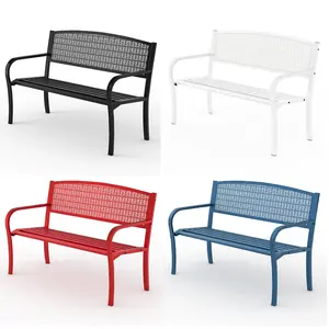 50" Outdoor Metal Garden Bench, Patio Steel Bench with Curved Backrest, Decorative Pattern, Weather-Resistant Porch Bench for Yard, Park, Deck, Backyard，for 2–3 people