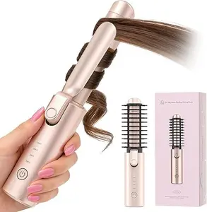Wireless hair curler, 3-in-1 portable hair curler, suitable for travel use, 7000mAh USB rechargeable straightening hair dryer, 2 billion negative ions, mini hair curling tool, with safety lock, pink Smooth Daily Handle Traditional Multi-Functional