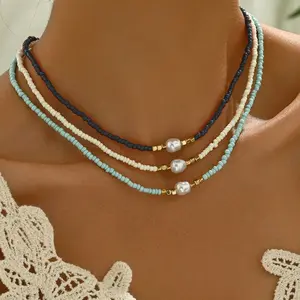 3Pcs Bohemian Adjustable Minimalist Necklace Set Handmade Rice Beads Ethnic Artificial Pearl Pendant Multi-layer Women Colorful Beads Stackable Necklace Set