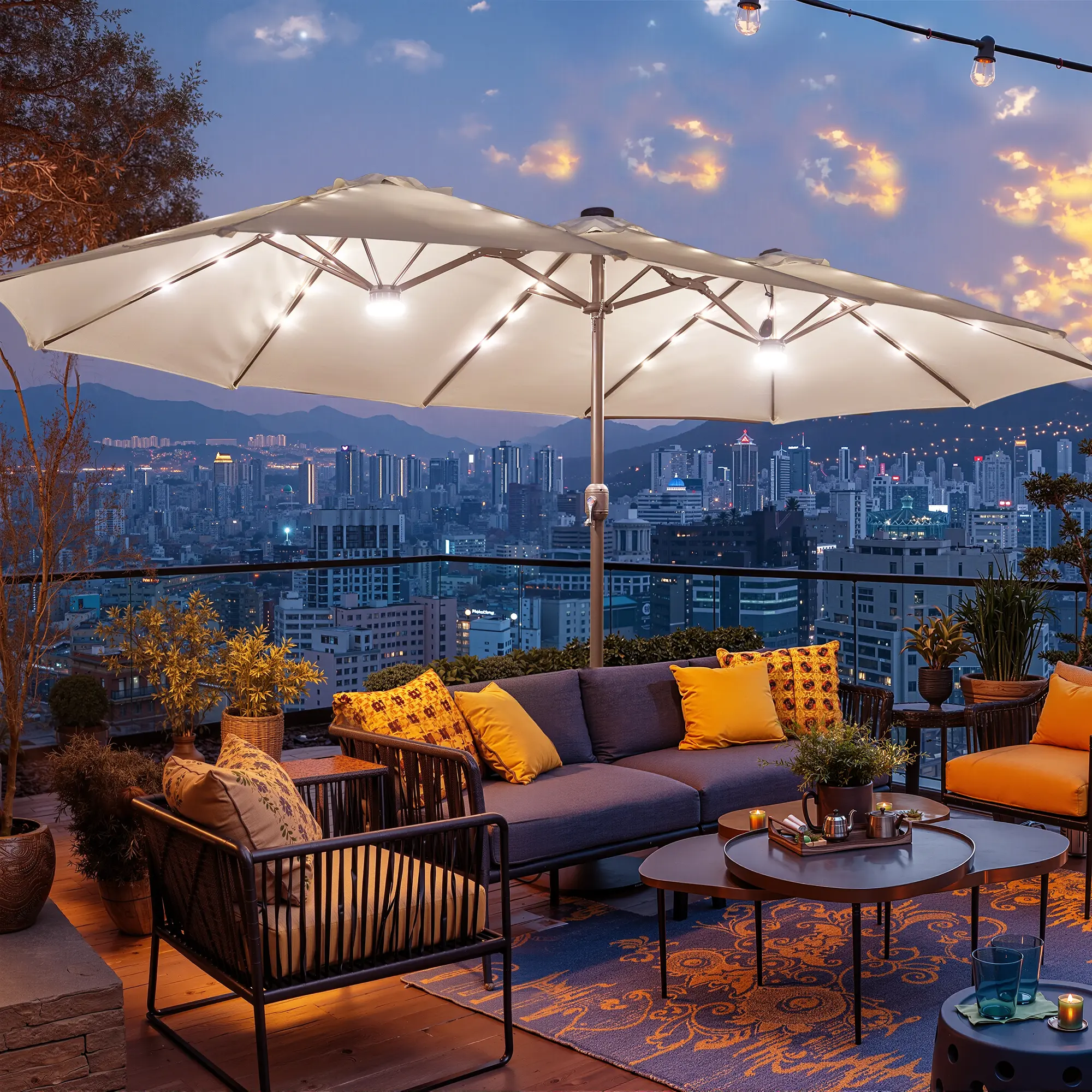 White | Lighted Umbrella with Base