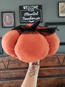 Knit Pumpkin Pillow Pouf, Extra Large, Orange Jack-o-lantern, Black Lace and Stem