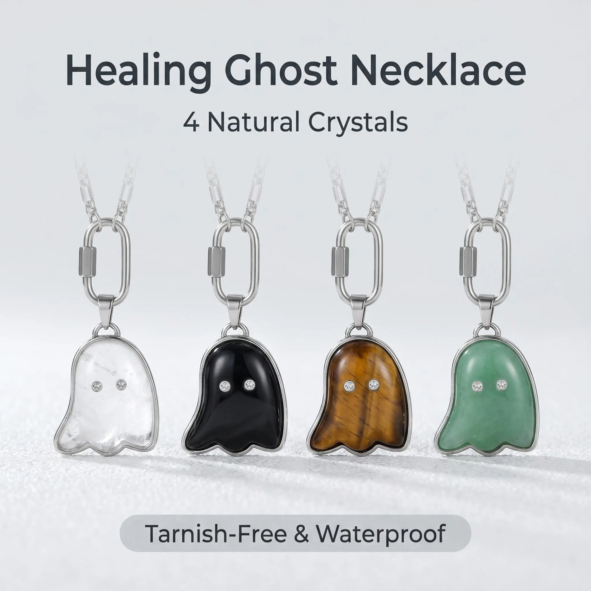 Genuine Natural Crystal Ghost Necklace | Waterproof & Tarnish-Free Silver Chain | Healing Clear Quartz, Black Onyx, Green Aventurine, Tiger’s Eye Ghost Pendant | Spiritual Self-Care Manifestation Jewelry | Unique Handmade Gemstone Guardian for Her
