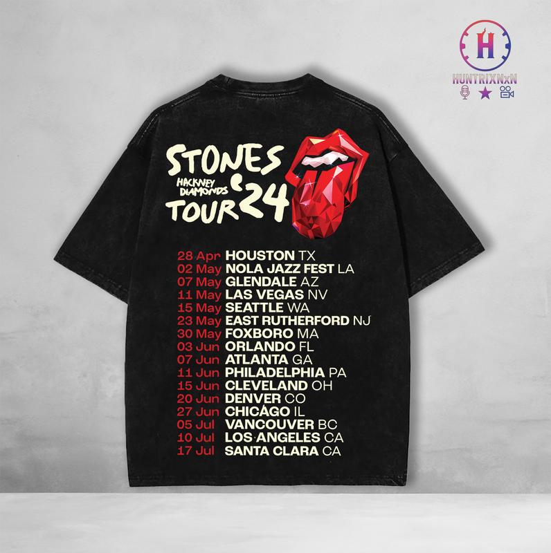 Rolling Stones Tour '24 US Hackney Diamonds Tour Dates Washed T-Shirt – Classic Rock Oversized Vintage Tee, 2024 World Tour Double-Sided Graphic Shirt, Washed Cotton Retro Band Merch for Rock & Blues Fans, Casual Streetwear Crewneck