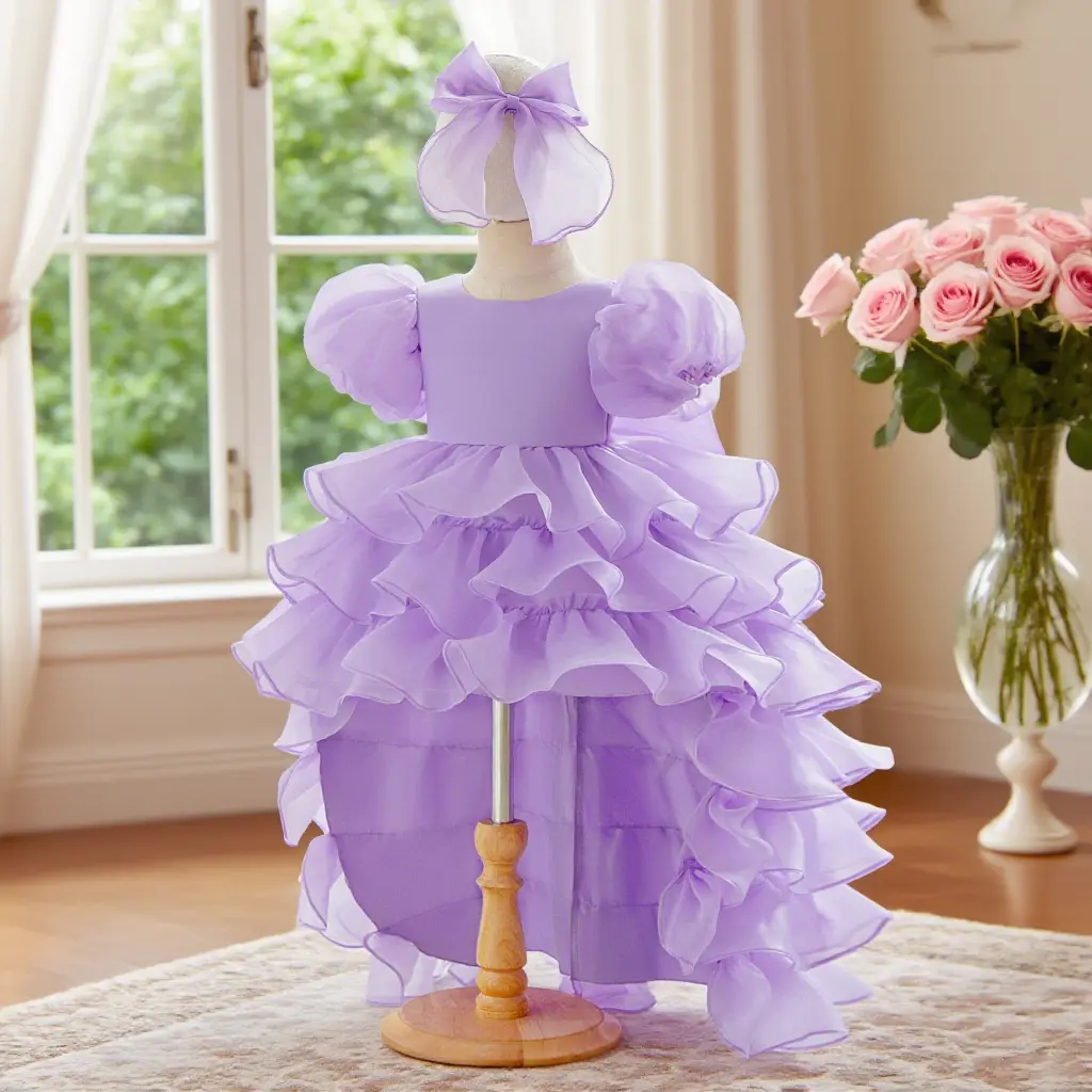 Baby girl Sweet pink multi-layer cake dress bubble sleeves elegant design young girls Flower dress for summer