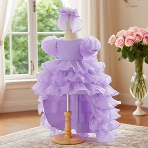 Baby girl Sweet pink multi-layer cake dress bubble sleeves elegant design young girls Flower dress for summer