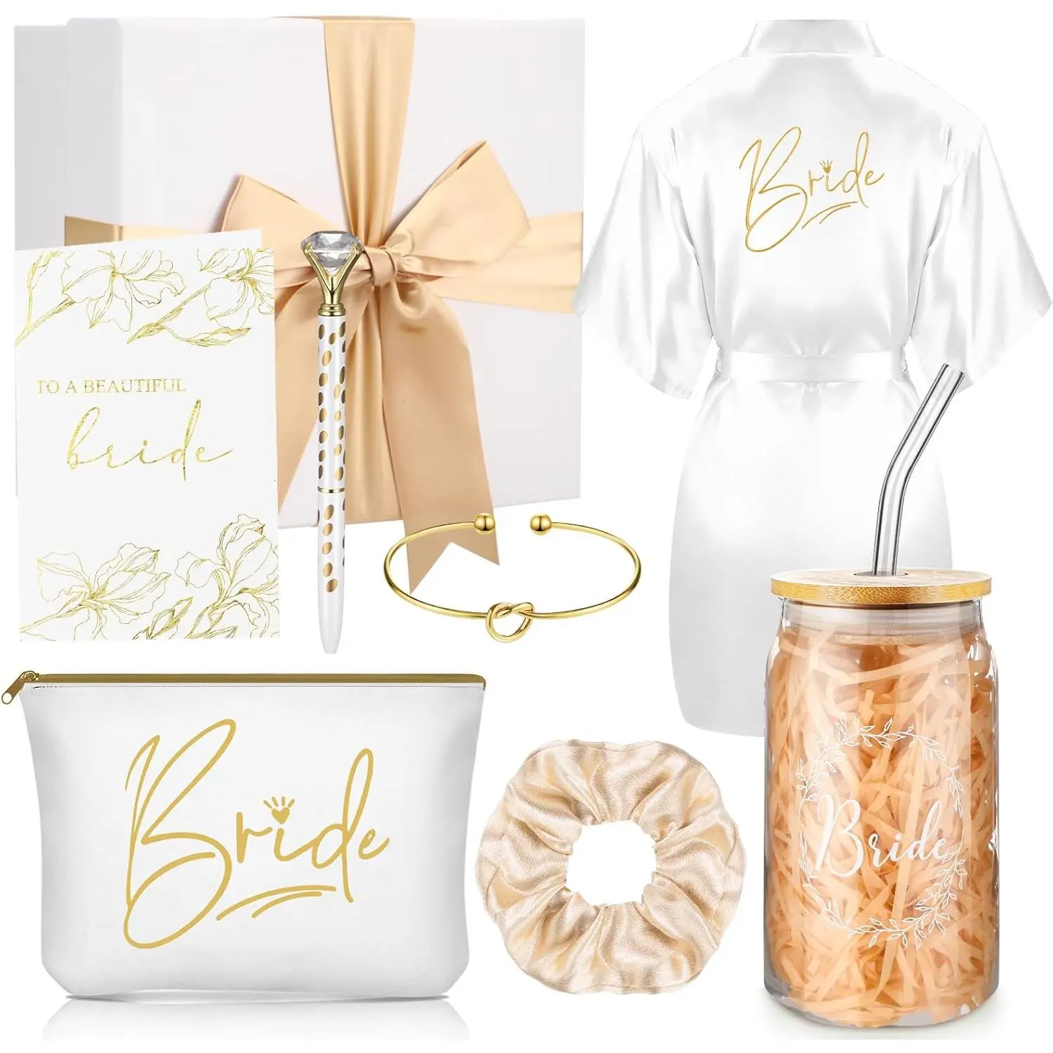 8-Piece Plastic Bridal Shower Party Bags & Gifts Set - Heat Resistant Mug, Bathrobe, Makeup Bag, Bracelets, Hair Tie, Card, Pen, White Gift Box for Bachelorette Parties