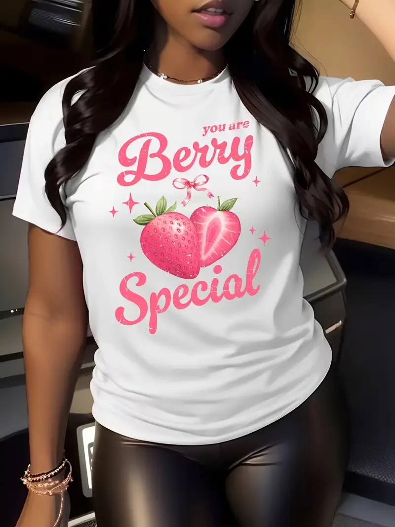 Women's Strawberry Print T-Shirt - Suitable for Strawberry Lovers, Casual Short-Sleeve Round Neck Top with Berry Special Fruit Patterns & Pink Lettering, Casual Attire, Valentine's Outfits, Machine Washable Strawberry-Themed Blouse Style