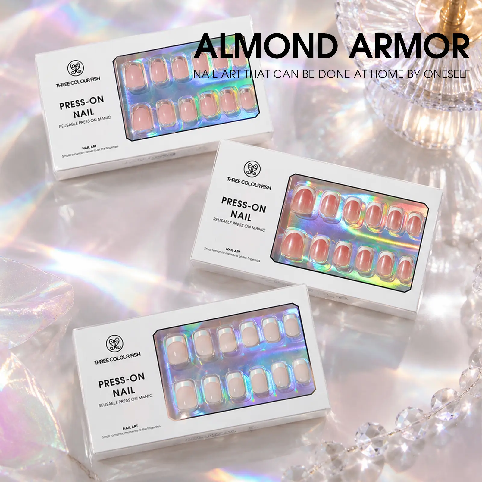 THREE COLOUR FISH Press On Nails - Fake Nails - French Tip False Nails Press ons - Medium Glue on Nails with Chrome Design - for Women Stick on Nail 32Pcs Manicure Art