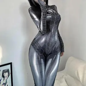 Spiderweb-Patterned Bodysuit — Stretchy Cosplay Jumpsuit, Form-Fitting Lingerie Set, Soft and Comfortable, Crew Neck with Zipper Closure