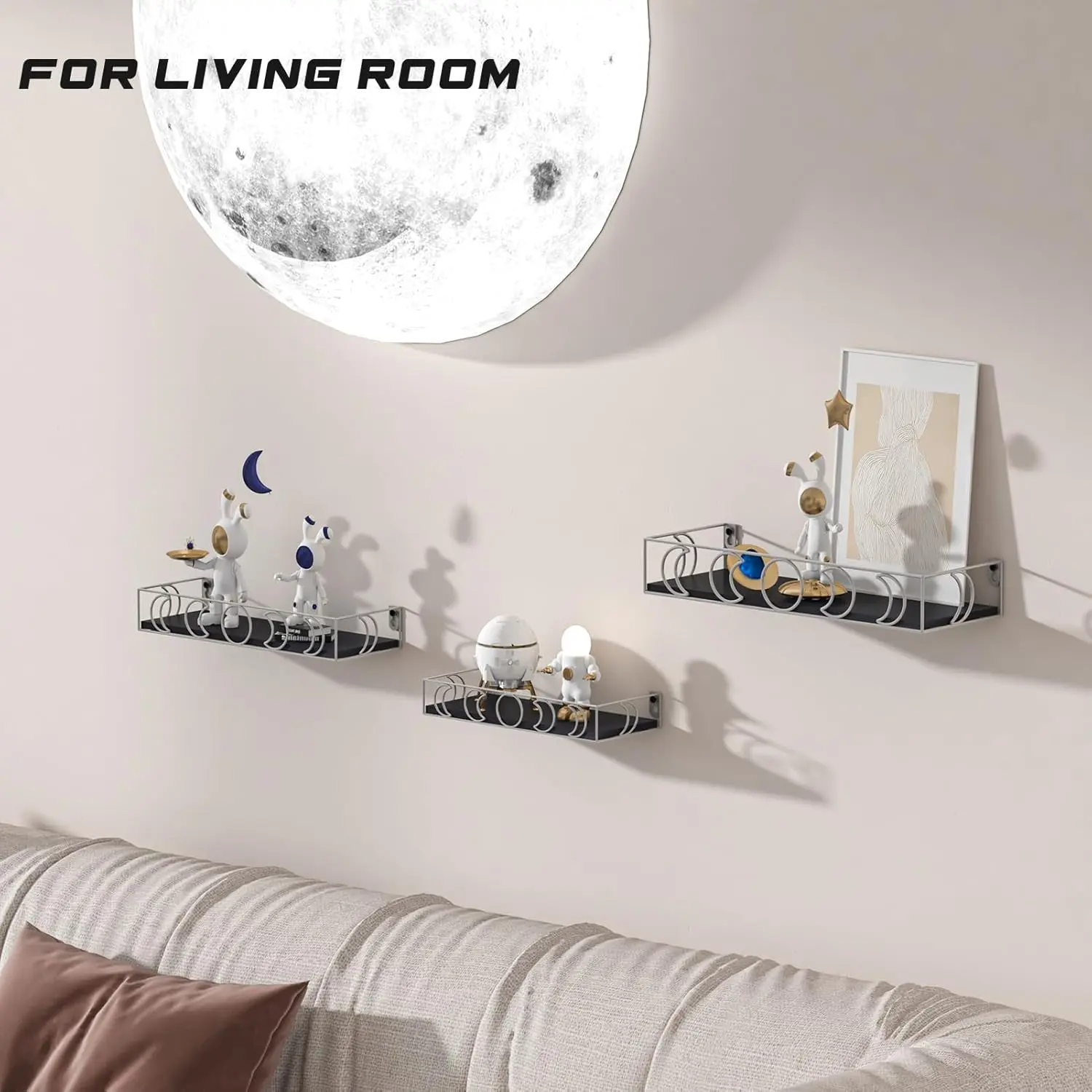 F-OMT08 Black Silver Moon Phase 1-Layer Wall-Mount Floating Shelves Set of 3 (3 Sizes), Home Supplies for Bedroom & Study, Storage for Crystals, Figurines, Books (0-5 Kg Capacity)