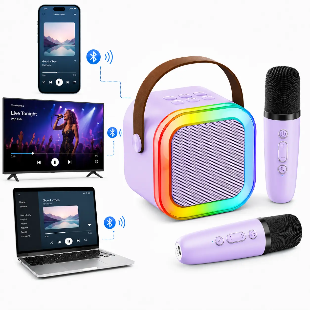 Mini Bluetooth karaoke speaker, 2026 Perfect Birthday Gift Christmas Gift for kids，portable speaker with 2 wireless microphones, cute karaoke Bluetooth speaker with RGB lights, ideal gift for kids aged 3-14 +, HiFi stereo sound subwoofers audio device ti