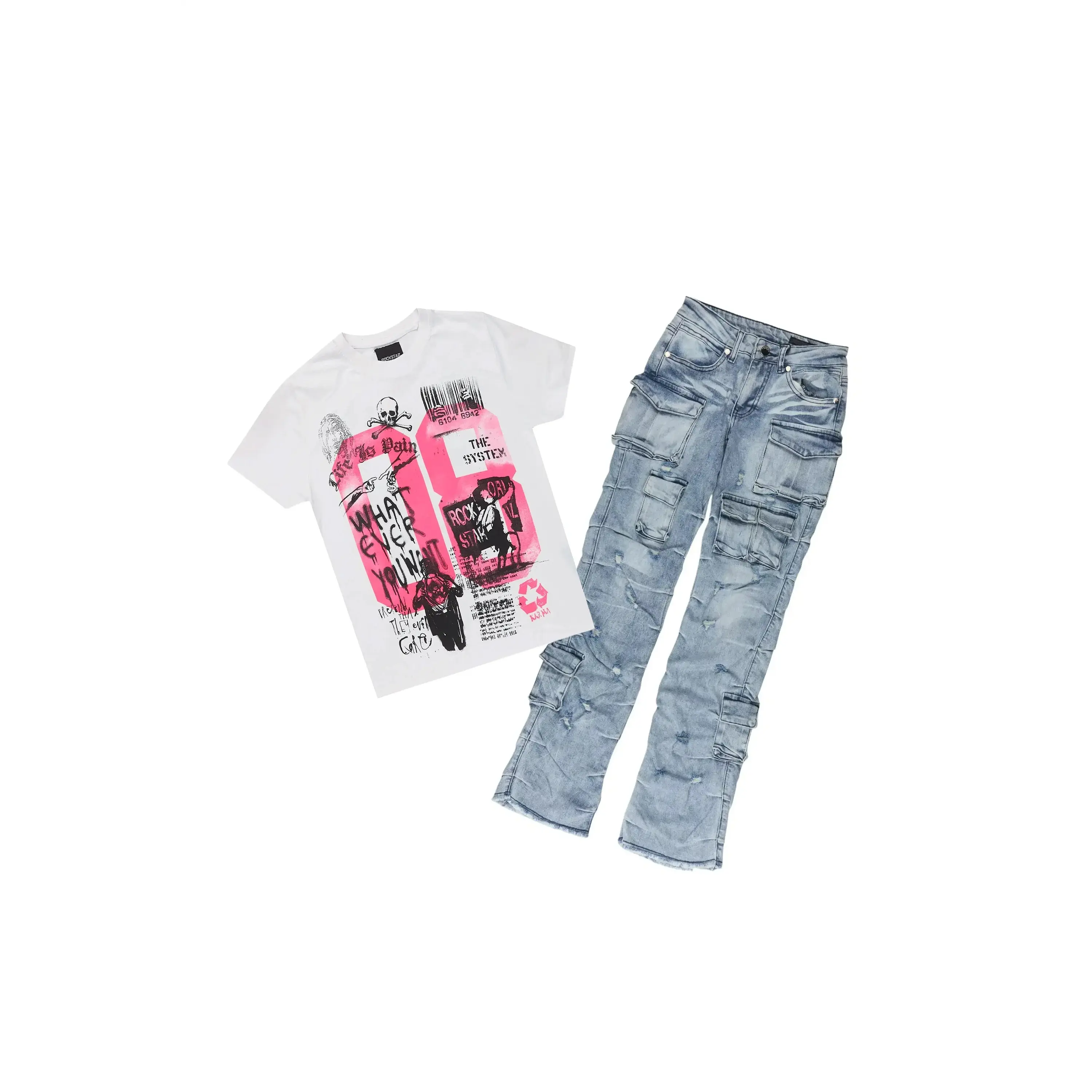 Girls Mabel White/Blue T-Shirt Stacked Jean Set