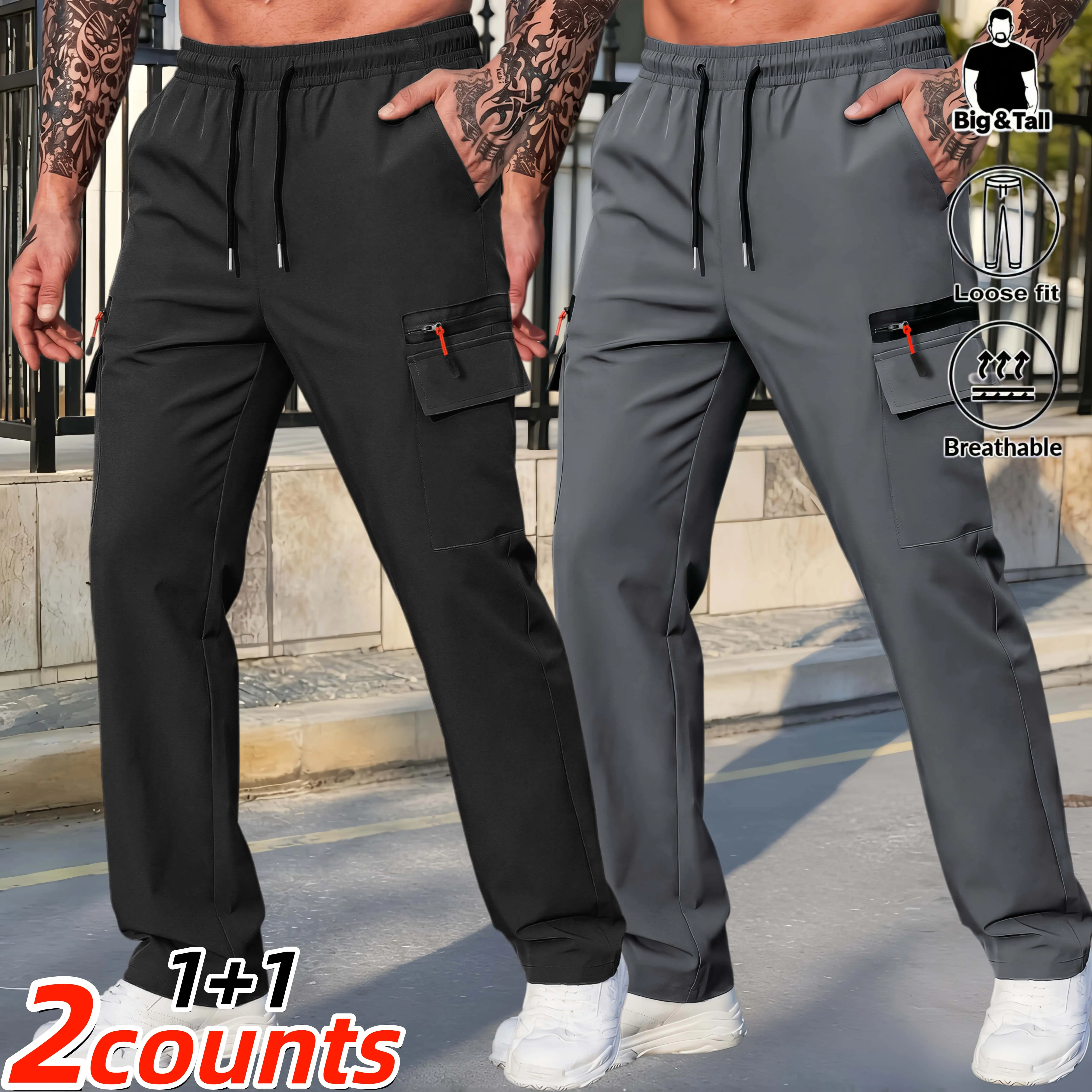 2-Pack Plus Size Quick-Dry Cargo Joggers, Lightweight Stretch Hiking Pants with Multiple Zipper Pockets and Elastic Drawstring, Summer Outdoor Fishing Travel Athleisure Work Pants