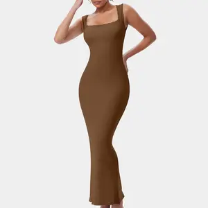 OQQfitness Womenswear Dress Lace Square Neck Basic Ribbed Sleeveless Minimalist Bodycon Casual Dresses Soft Elegant Dress