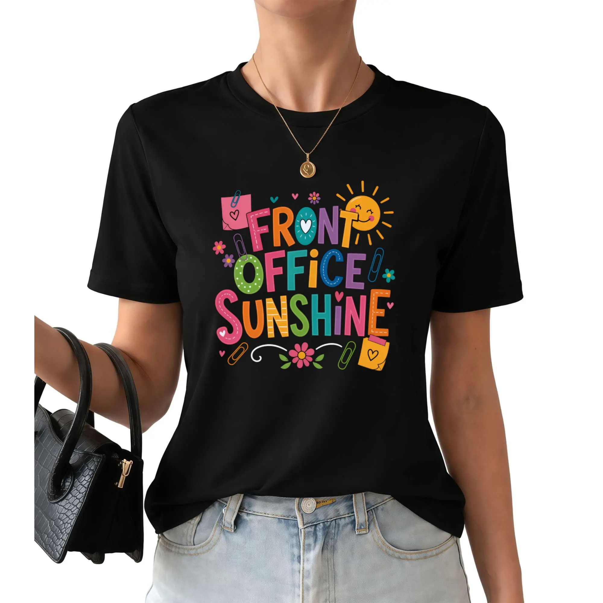 Men's & Women's Front Office Sunshine Staff T-Shirt Short Sleeve Crew Neck Casual Top Suitable for Teachers Secretaries Staff Gifts Back to School Apparel Office Uniform 100%Cotton