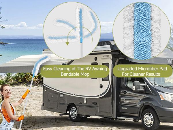 RV Awning Cleaning Mop, Extendable Pole Awning Mop Tool for Camper, Awning Cleaner for RV Canopy with Bendable and Cleaning Brush Head