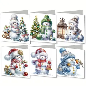 Snowman Pattern Diy Diamond Arts Colorful Painting Greeting Card, 6 Counts/set Diamond Painting Kits Diy Decorative Art Picture for Beginner, Wall Art Decor for Home Living Room Bedroom