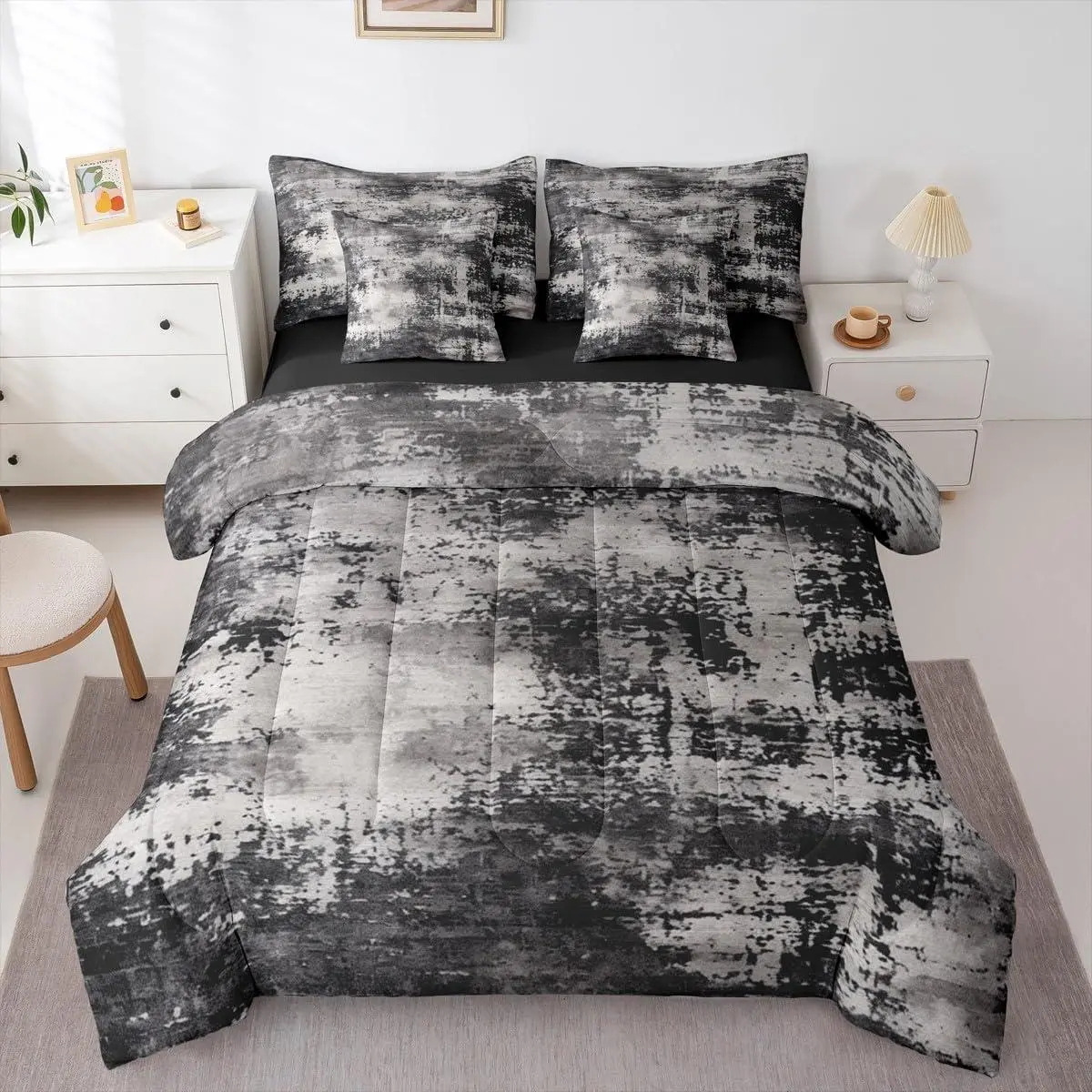 Modern Abstract Bed in a Bag Comforter Set,7 Piece,Boho Trippy Black Grey Watercolor Pastel Tie Dye Bedding Set,Farmhouse Grunge Bohemian Sheet Set with Comforter,Reversible