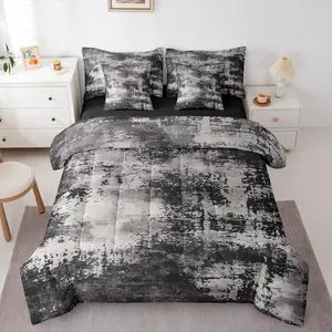 Modern Abstract Bed in a Bag Comforter Set,7 Piece,Boho Trippy Black Grey Watercolor Pastel Tie Dye Bedding Set,Farmhouse Grunge Bohemian Sheet Set with Comforter,Reversible