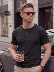 Men's Ribbed Henley T-Shirt, Slim Fit Short Sleeve Button Placket Crew Neck Shirt, Casual Stretch Knit Textured Tee For Daily Street Smart Casual Gym Wear