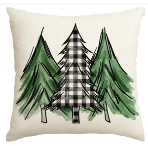 Watercolor Christmas Tree Throw Pillow Cover, 18 x 18 Inch Holiday Buffalo Plaid Cushion Case Decoration for Sofa Couch