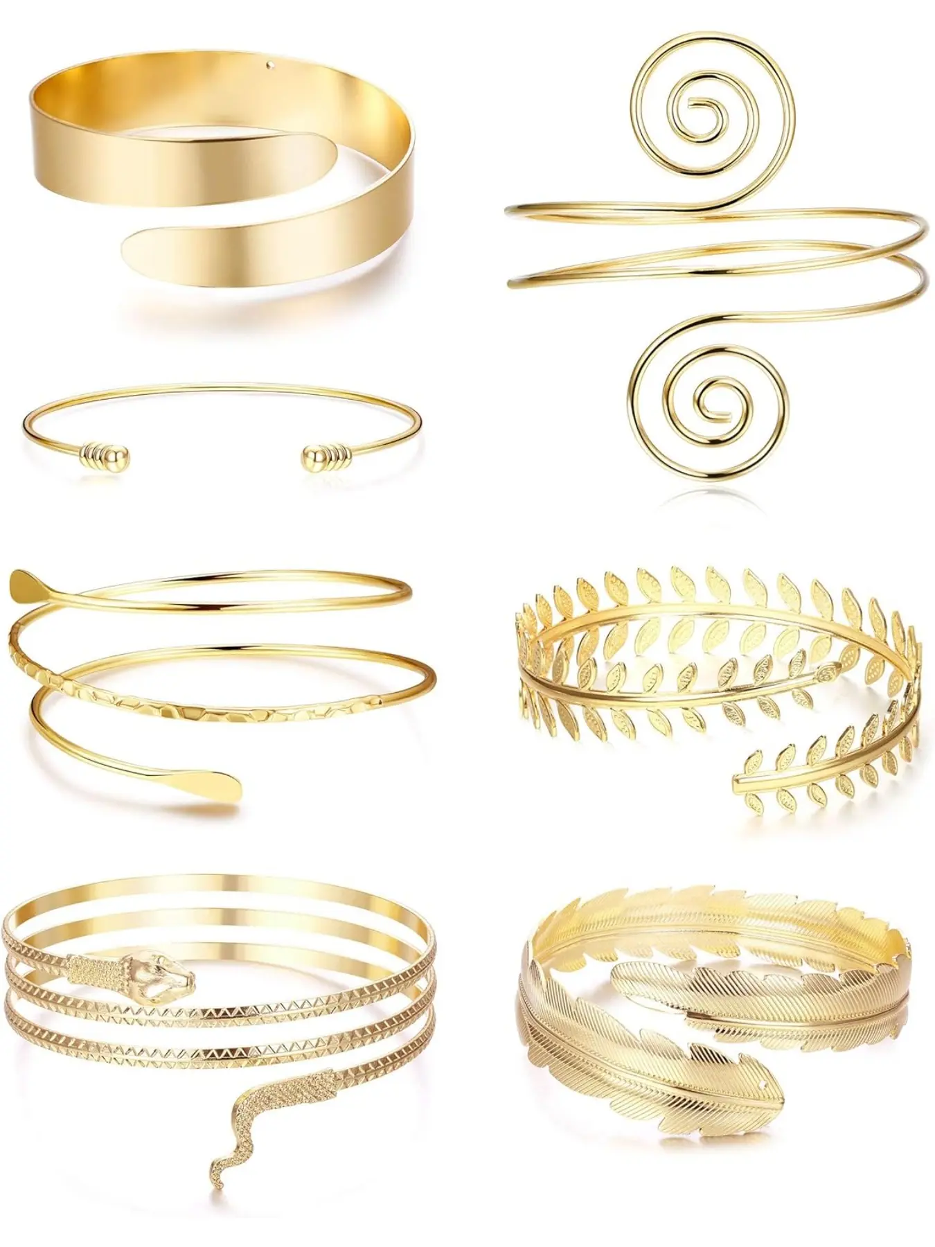 7 Piece Arm Bangle Set Upper Arm Bracelets for Women Adjustable Upper Arm Cuff Minimalist Bracelets Band Bracelet Swirl Leaves Feather Bangle Snake Trendy Bangles Trendy Stack Bangle Adjustable Fit Bangle