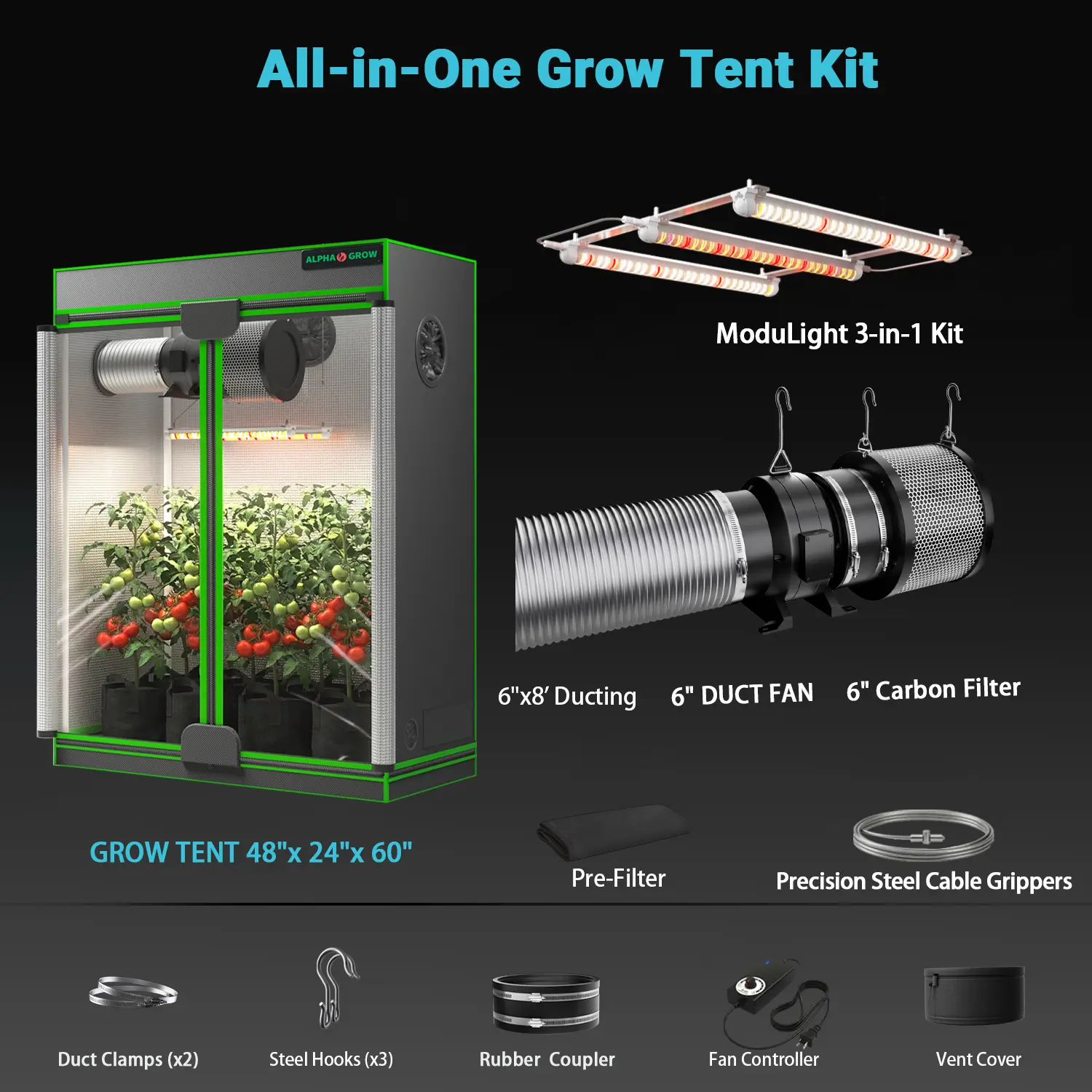 2x4 1800D Tent+6'' Complet Kit