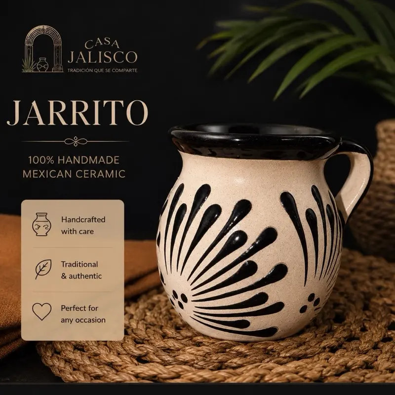 Handmade Tonalá Ceramic Jarrito Mug | Traditional Mexican Pottery | Beige & Black Coffee Cup