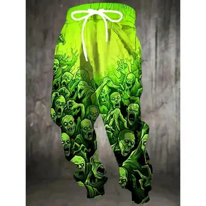Men's 3D Zombie Army Printed Joggers - Neon Green Casual Pants with Drawstring Waist and Pockets, Full Body Pattern Design, Suitable for Home, Gym, or Street Wear, Machine Washable, Comfortable and Adjustable