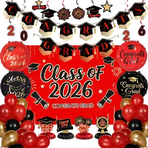 Graduation Decorations Class of 2026 Grad Party Supplies Set with Congrats Grad Red Backdrop Banner Hanging Swirls Foil Latex Balloons Graduation Cap Centerpieces Party Decoration Black Red Gold 40pcs