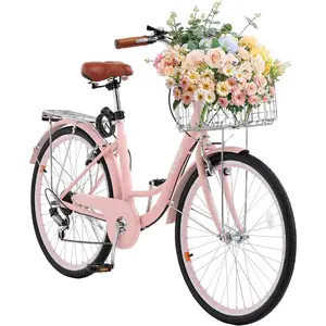 VEVOR Women Bike, 7 - Speed and 1 - Speed, 24 - 26 Inch Pink and Light Blue Beach Cruiser Bike, with Large Capacity Basket and Rear Rack, Adjustable Seat, Fits for Cycling, Exercise ShoppingVEVOR Super Brand Day